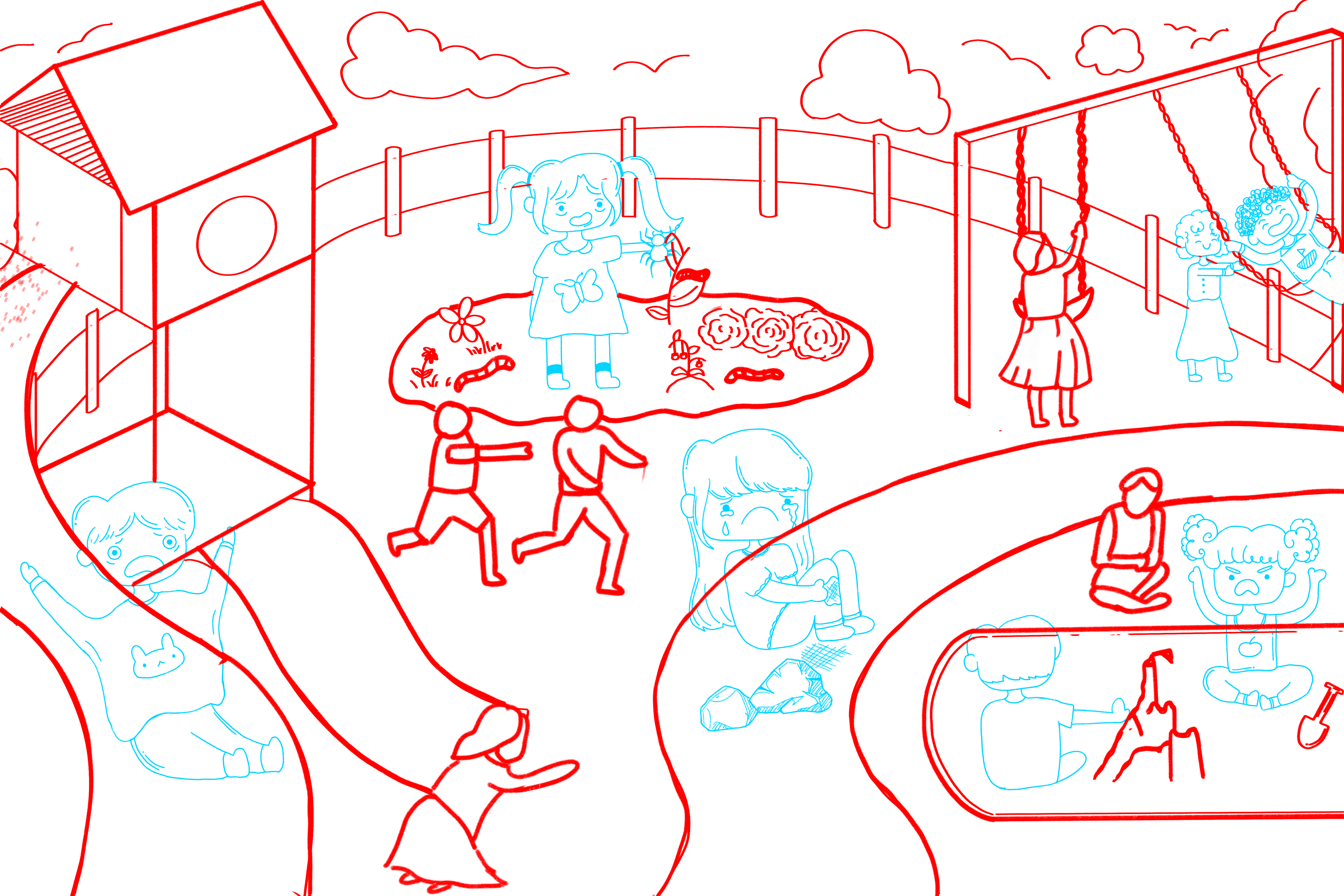 Illustrated playground scene with hidden emotional contexts